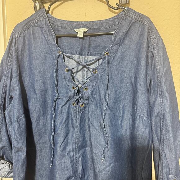 Cato Chambray Dress Sz 22/24W Dark wash blue Denim Shift Lace up neckline - Picture 2 of 7